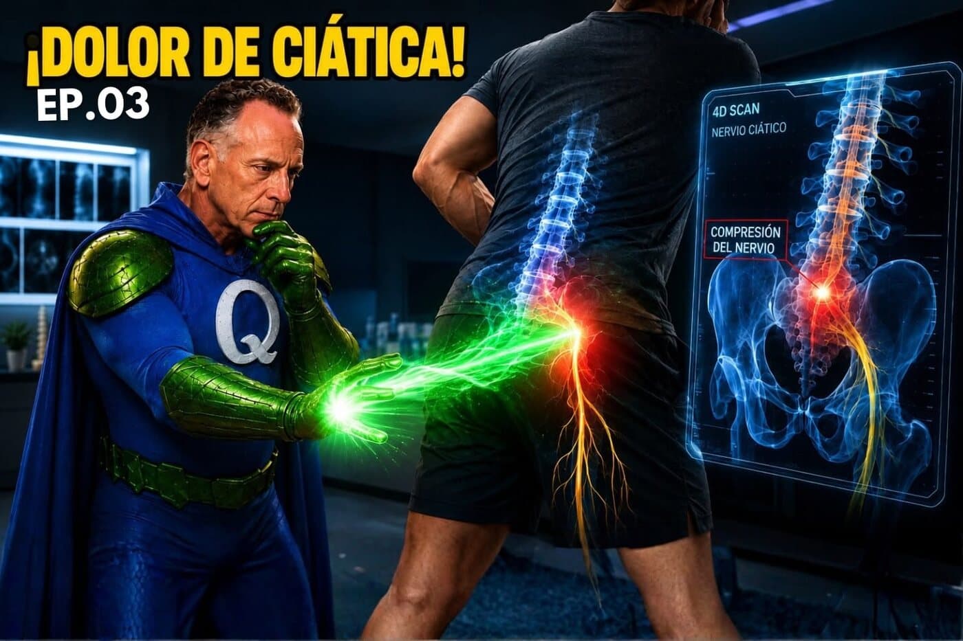 Cover art for episode 3 of Súper Quiro al Rescate, on sciatic pain